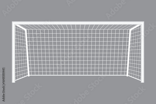 A white soccer goal stands prominently against a gray background. The net is visible, creating a sense of readiness for a game in a field or training environment.