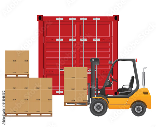 A red shipping container serves as a backdrop to a yellow forklift and pallets stacked with cardboard boxes, symbolizing freight transportation and logistics.