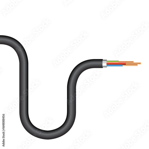 A black power cable is displayed against a white background with the end stripped to reveal insulated wires in blue, green, red, and bare copper conductors.