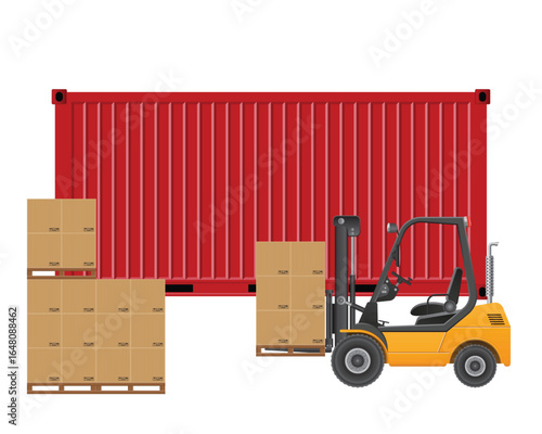 A yellow forklift is moving boxes on a pallet near a large red container. There are more boxes stacked on pallets nearby, ready to be moved.