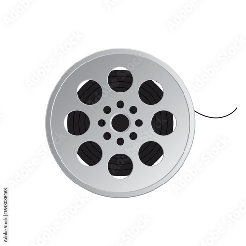 A silver film reel with several circular cutouts showcasing the film inside. This image evokes nostalgia and the history of motion picture entertainment.
