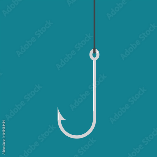 A minimalist illustration shows a silver metal fishing hook suspended by a dark line against a blue background. The hook is the image's focal point.