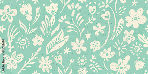 Wallpaper Mural Seamless Teal Floral Pattern, Hand Drawn Flowers,  Botanical Textile Design Torontodigital.ca