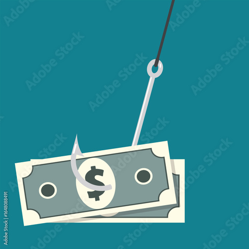 A conceptual image depicting money attached to a fishing hook, set against a blue background, signifying financial risk, scam, or debt. It highlights the dangers of greed.