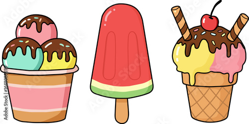 A delightful collection of ice cream treats, including a classic cone with chocolate and cherry, a refreshing watermelon popsicle, and a cup filled with colorful scoops isolated on white background