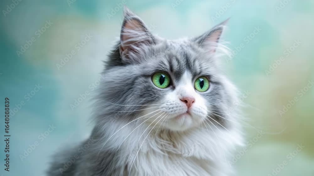 Close up of a fluffy gray and white cat with piercing green eyes looking directly at the camera lens Close up of a fluffy gray and white cat with piercing green eyes looking directly at the camera lens