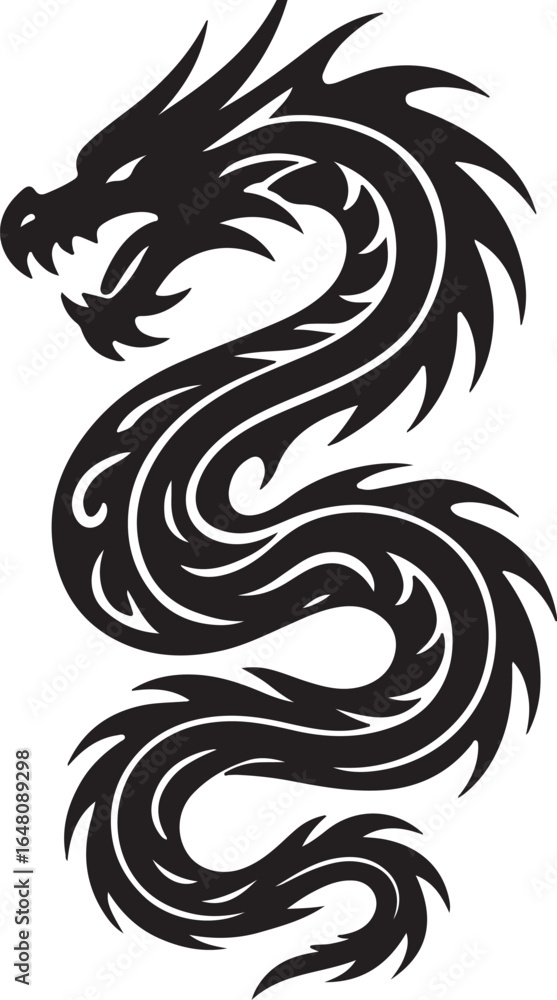 Obraz premium Black tribal dragon silhouette coiled and stylized with sharp fins and flowing curves vector