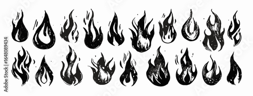 20 Black Ink Flame Icons: Fire Graphic Set