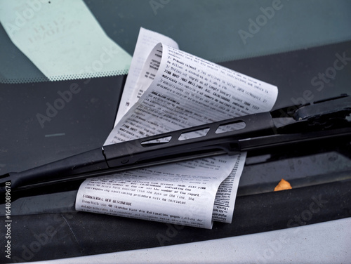 Closeup view of printed parking fine notice placed under windshield wiper on a car in Soller Mallorca showing multilingual text
