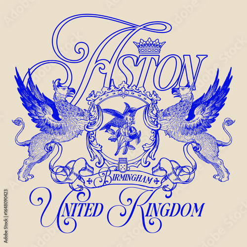 Vintage heraldic crest illustration featuring two majestic griffins holding a shield with a bird and rose. Elegant Aston, Birmingham, United Kingdom lettering in ornate, classic calligraphic style