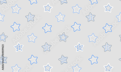 Vector seamless pattern with sprinkle stars with dots and stripes, grey background, nursery scandinavian good night pajamas print in blue and white color , texture, illustration 