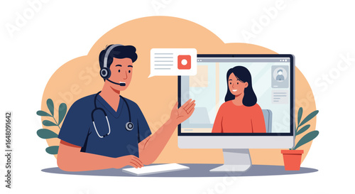 Doctor offering telemedicine consultation to patient online, providing remote healthcare support services instantly