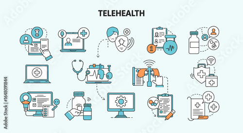 Modern telehealth services icons showcasing online medical consultations and virtual healthcare access