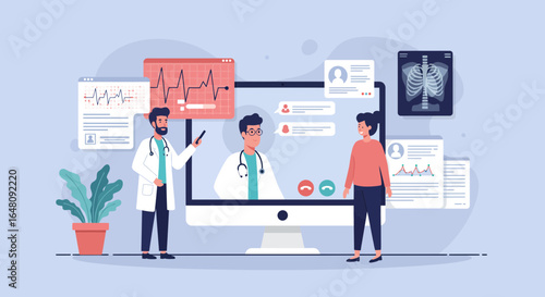Doctors providing telehealth services for a remote patient, modern medical practice illustration, vector design
