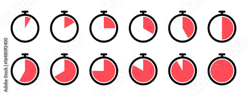 Stopwatch Timing Icons. Set of Clock Timer Icons with Countdown Intervals. Stopwatch Clock with Different Time Segments Vector. 