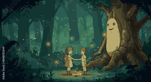 Whimsical pixel art scene of children meeting a friendly ancient tree spirit in an enchanted forest