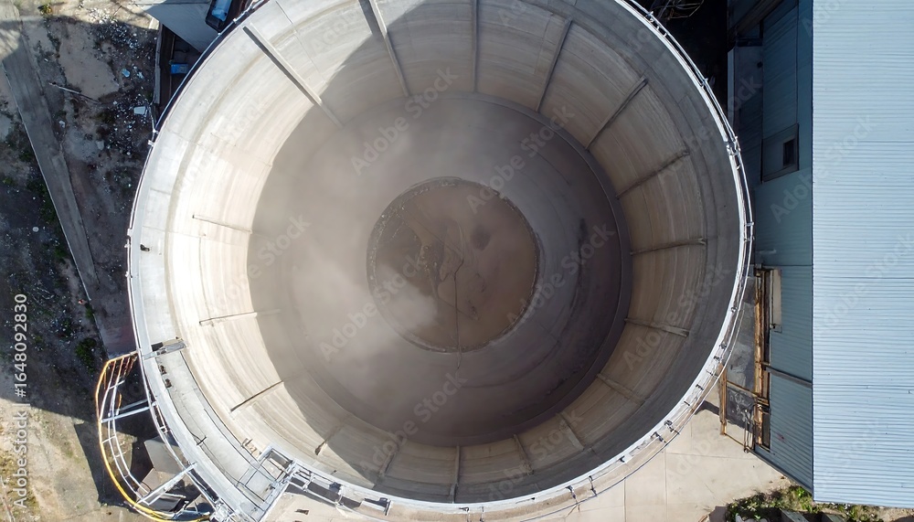 Fototapeta premium Empty silo viewed from above, filled with shadow and soft dust