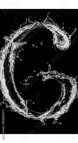 The capital letter G formed by a turbulent splash of pure water, isolated on a black background. bvcxza (378).ai