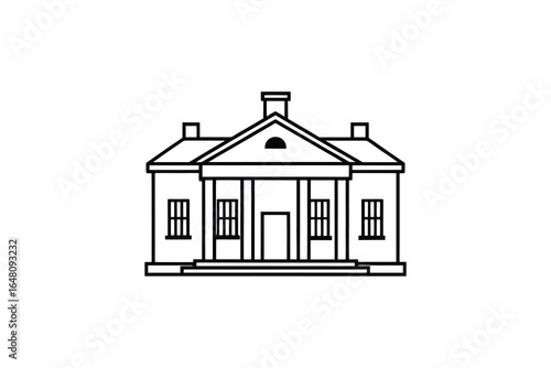 A simple line drawing of a classic house with columns and a chimney silhouette