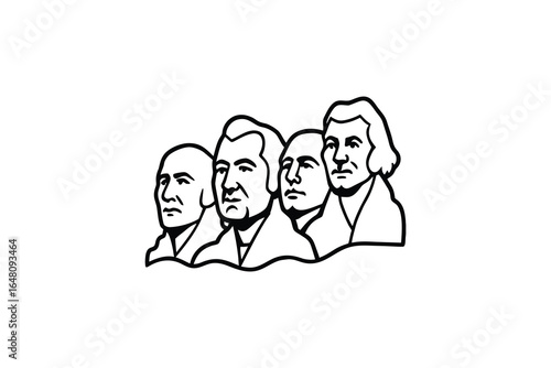 A black and white illustration of four US presidents from Mount Rushmore silhouette
