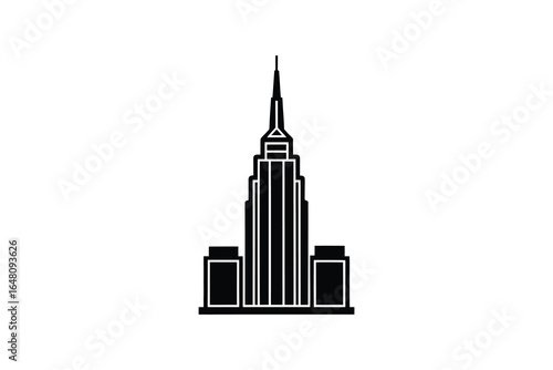 Empire State Building illustration in black and white with surrounding cityscape silhouette