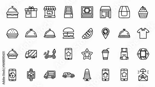 Food delivery service icons showcasing burgers, cupcakes, storefronts, mobile orders, and delivery vehicles for restaurant marketing and online ordering