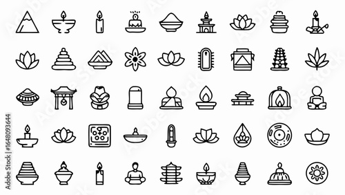 Spiritual and serene collection of minimalist line art icons representing peace, meditation, and enlightenment for mindful designs and wellness projects
