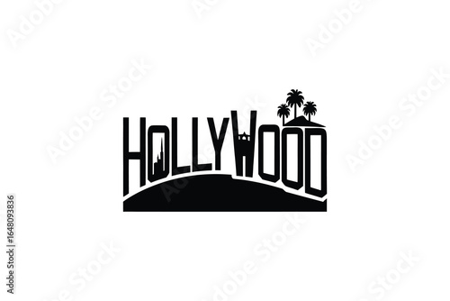 Hollywood sign with palm trees on a hill silhouette