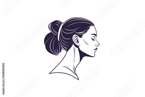 A woman with her hair in a bun looking to the right side profile silhouette