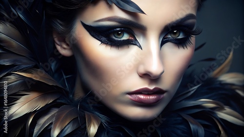 Mascara and eyeliner with black feathers