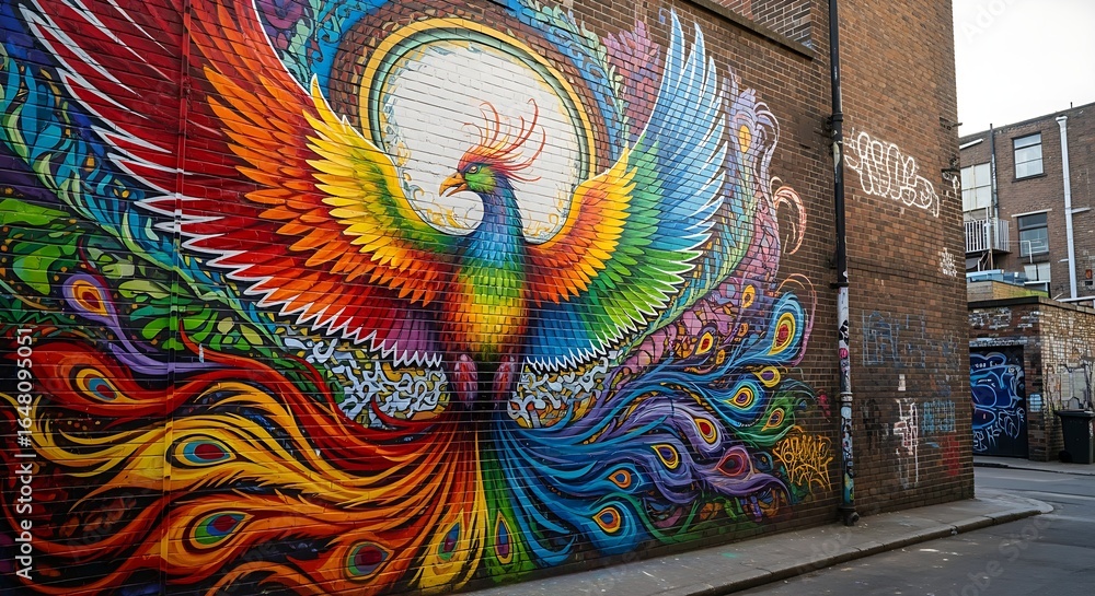 Obraz premium Colorful street art mural depicting a rainbow phoe