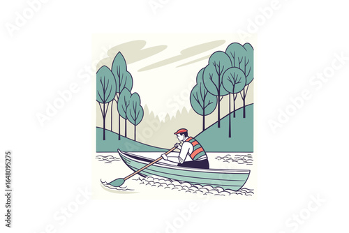 man in a boat on a river with trees in the background scenery silhouette