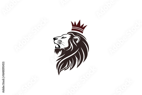 A black and white lion s head with a red crown on top silhouette