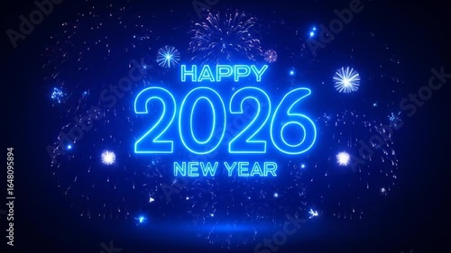 Spectacular Happy New Year 2026 Neon Fireworks Display with Vibrant Blue Light Effects