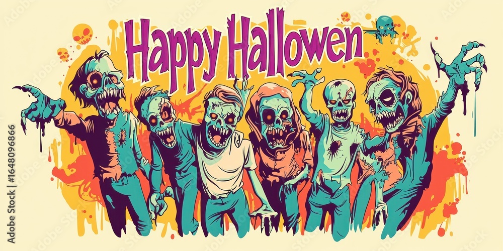 Obraz premium Happy Halloween Halloween Concept Greeting Card with Zombies and Copy, Text. Halloween Post Card with Zombies. Halloween Concept Poster with Copy, Text. Halloween Party Invitation Card.