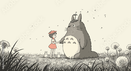 A heartwarming illustration of a little girl holding hands with a large, furry creature in a meadow