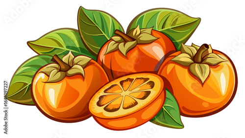 Freshly sliced persimmons reveal vibrant orange color and glossy green leaves, perfect for culinary creations and healthy recipes, glowing with natural sweetness and artistic elegance in a refined pre
