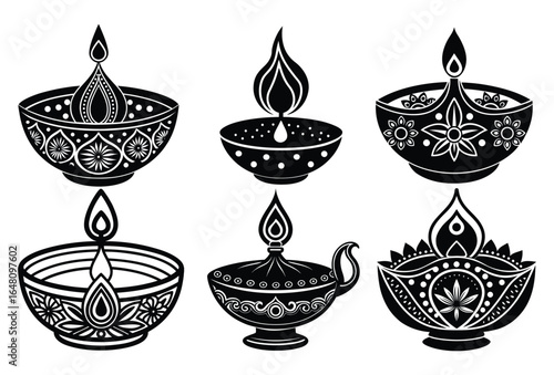 Black and white candles and vases with simple food and drink icons in vector style