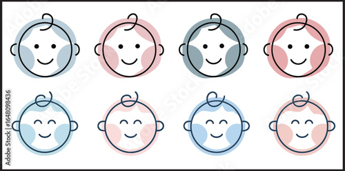 Baby Face Icons Vector Set - Cute Infant Head Symbols Pink Blue Newborn Character Collection Design