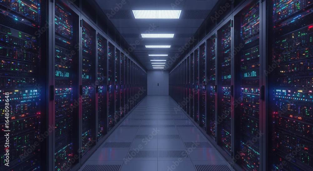 Fototapeta premium High-tech server room corridor with colorful LED status indicators on network equipment racks in modern data center