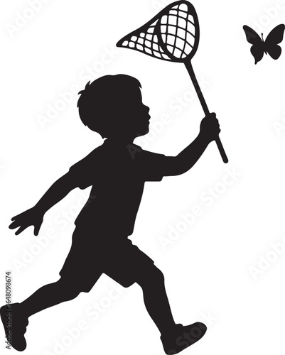 Black silhouette of a child running with a butterfly net chasing a butterfly vector 1