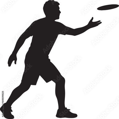 Black silhouette of a man catching a frisbee in mid-air disc
