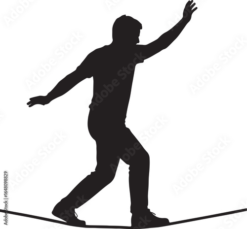Black silhouette of a man balancing on a slackline with arms outstretched tightrope walker balance