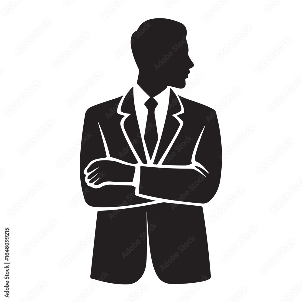 Black silhouette of a man in a suit with arms crossed looking to the side crossed arms Black silhouette of a man in a suit with arms crossed looking to the side crossed arms