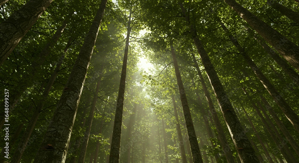 Fototapeta premium Sunbeams streaming through lush green forest canopy from low angle perspective, natural lighting in deciduous woodland