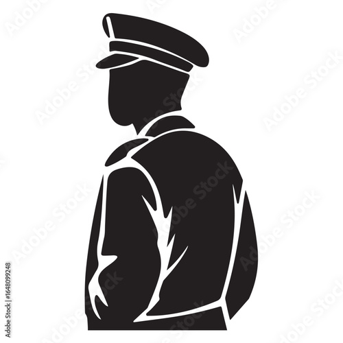 Black silhouette of a man in a peaked cap and jacket facing left male person