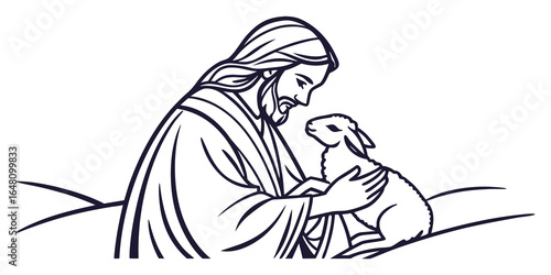Illustration of jesus christ holding a lamb on a hill in black and white line drawing style art work created with generated ai