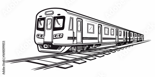 Illustration of a long passenger train on tracks with multiple carriages in black and white style design created with generated ai