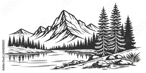 Monochrome landscape featuring mountains trees and a river with reflections in a detailed vector drawing style created with generated ai