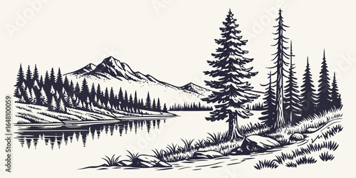Illustration of a serene landscape with mountains, lake, and evergreen trees in monochrome style created with generated ai